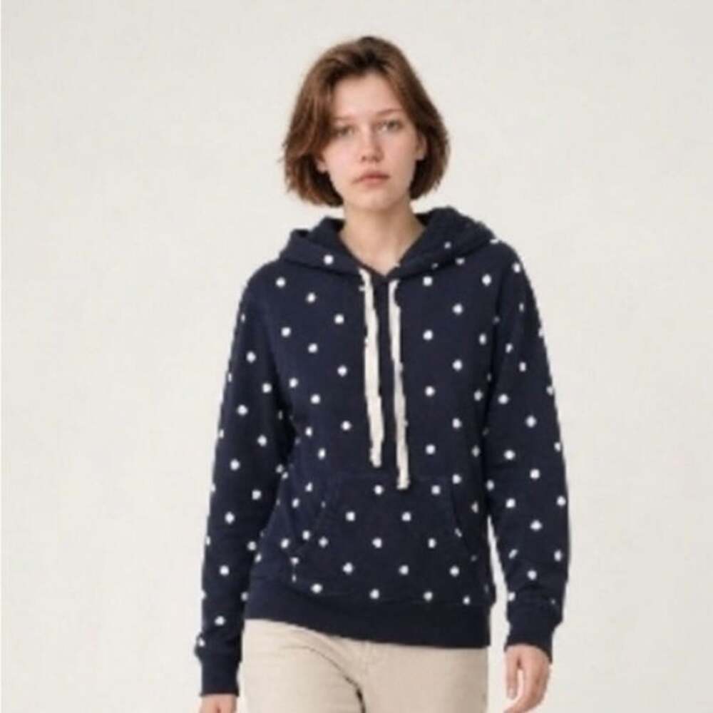 J. Crew Vintage Fleece Womens Medium Navy White Polka Dot Hoodie Preppy LN Cond